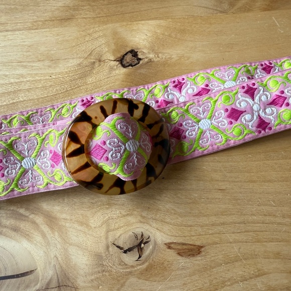 HADLEY POLLET BELT FABRIC EMBROIDERED TORTOISESHELL BUCKLE ARTISAN BOHO FESTIVAL - Picture 2 of 8